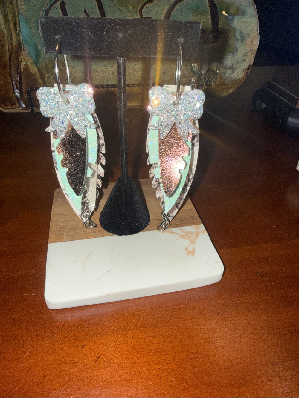 Iridescent Mint Green and Rose Gold Leaf Drop Earrings
